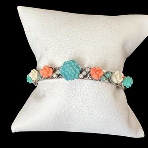 Stainless steel turquoise & coral floral bangle bracelet